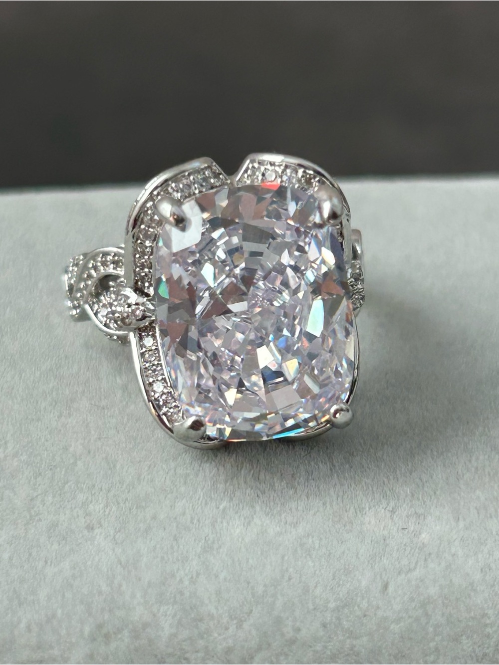 Silver Tone Cushion-Cut Cubic Zirconia Cocktail Ring - Picture 5 of 6